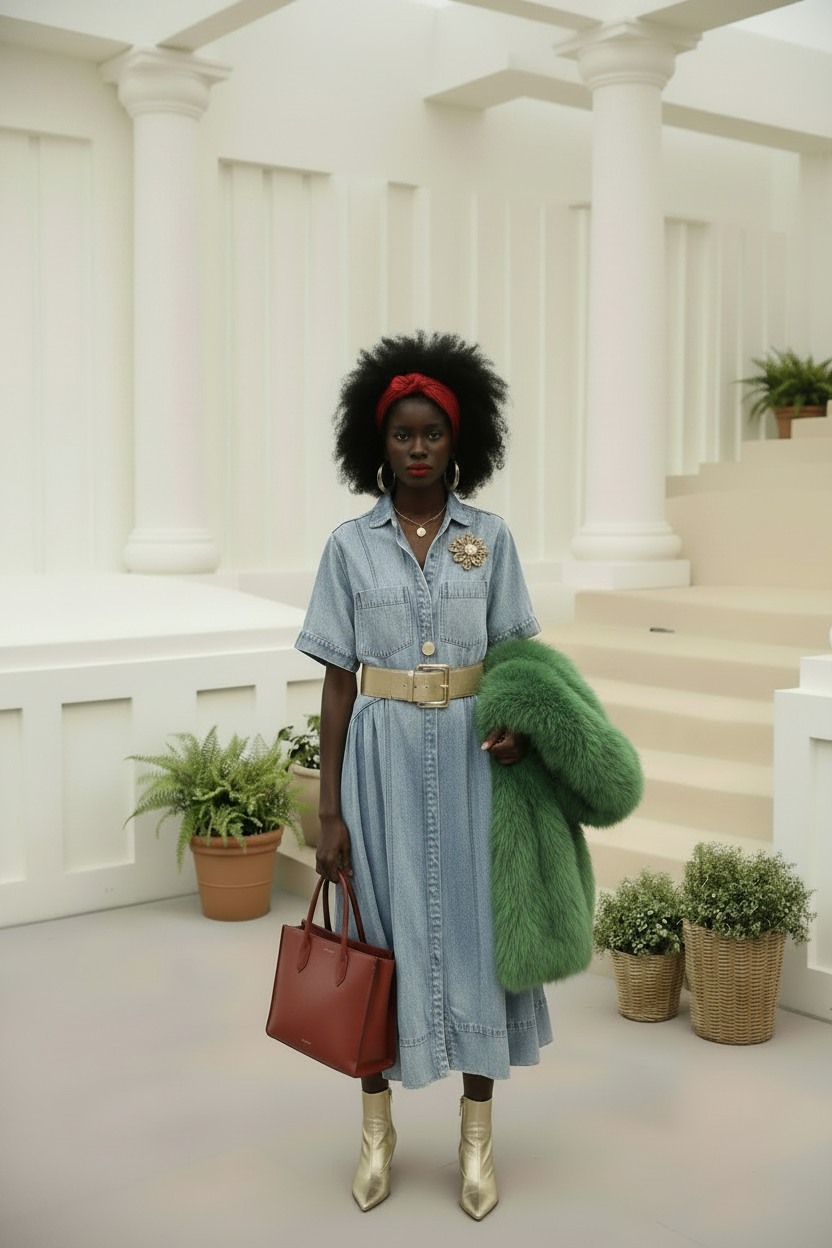 Buttoned Denim Midi Dress