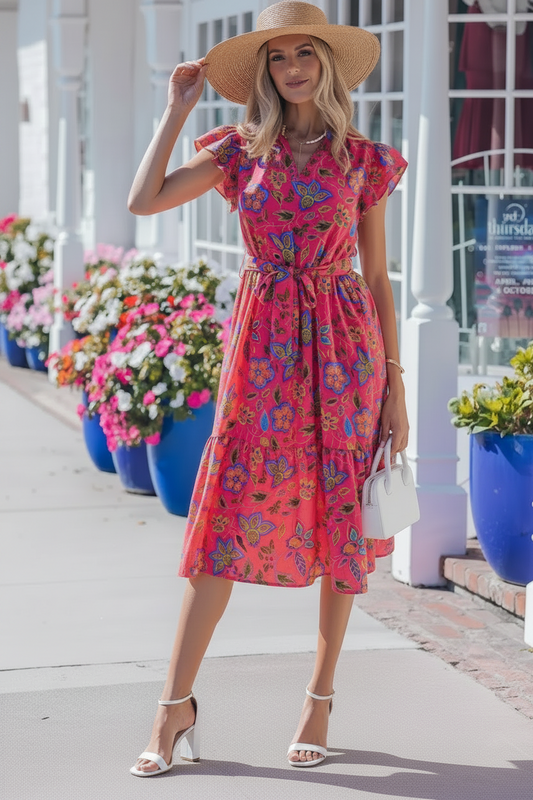 Flutter Sleeve Belted Floral Dress