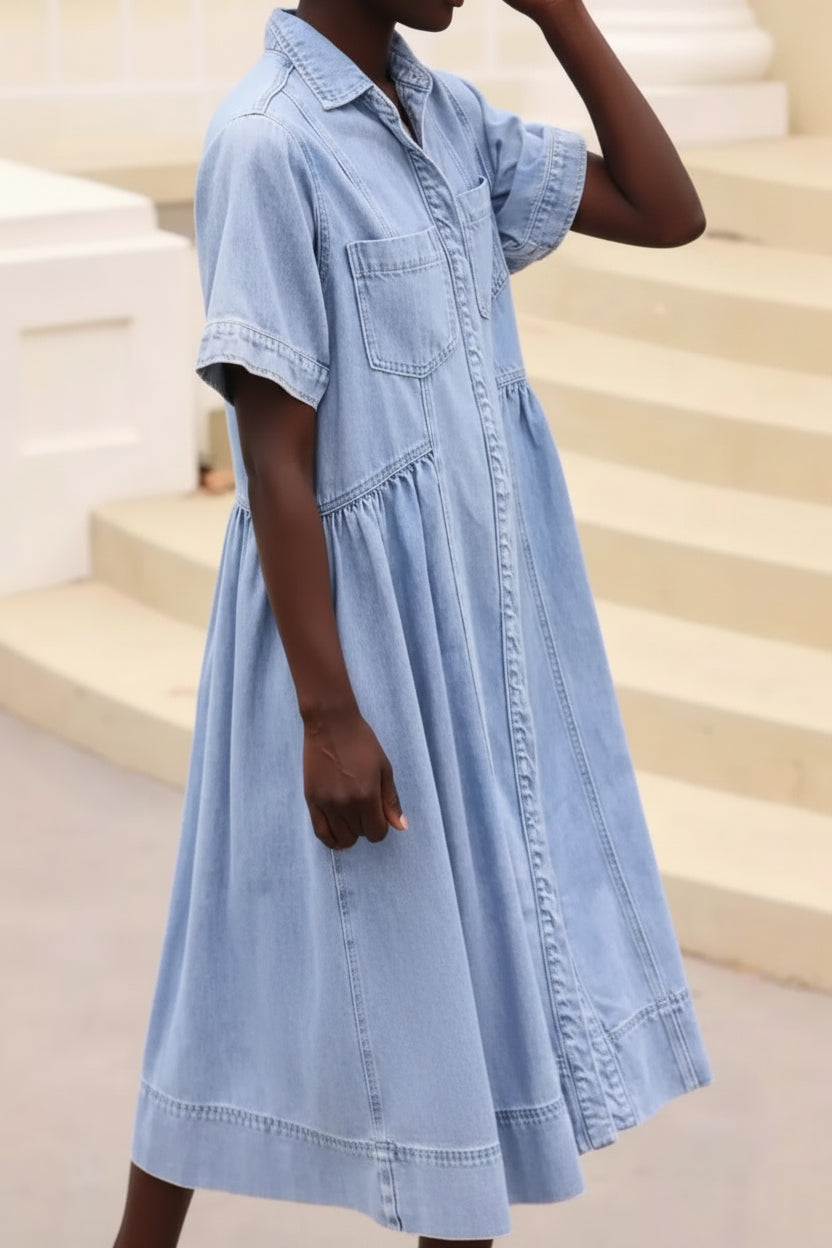 Buttoned Denim Midi Dress - Side View