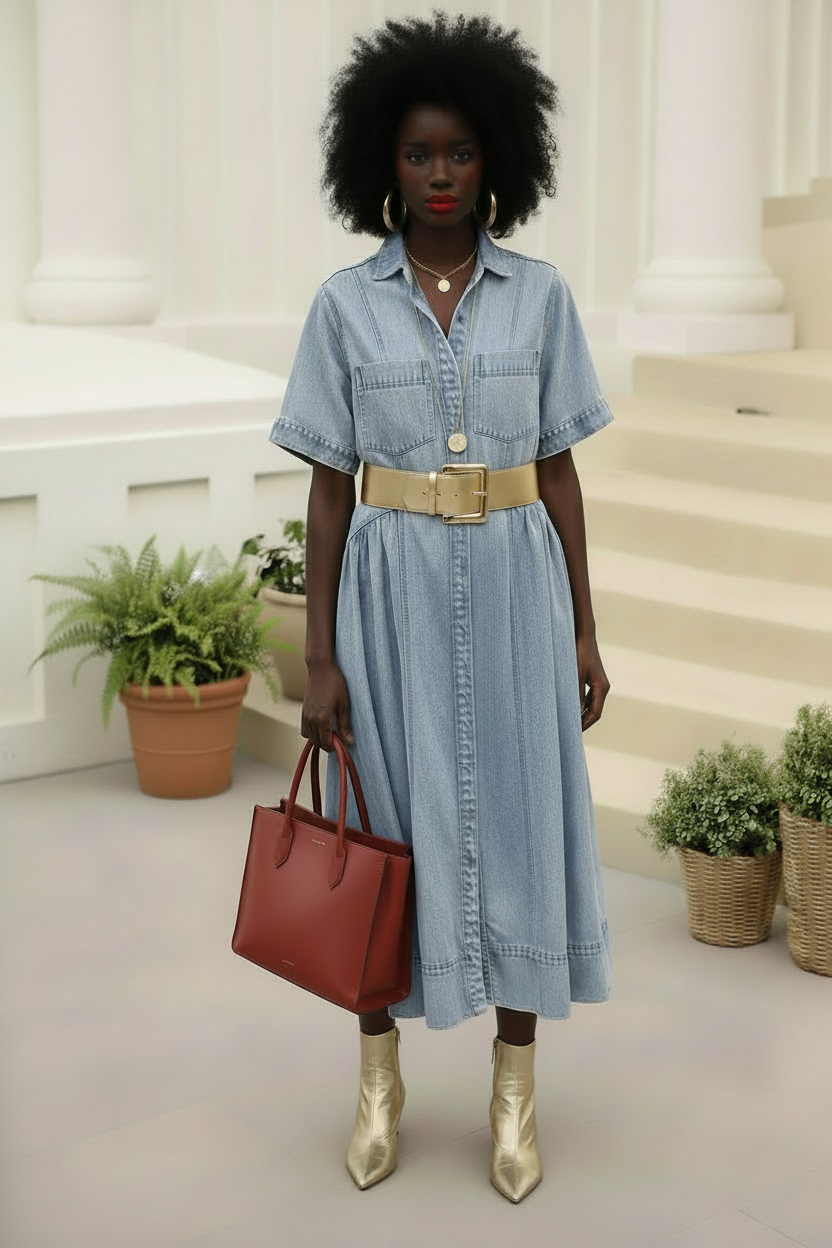 Buttoned Denim Midi Dress