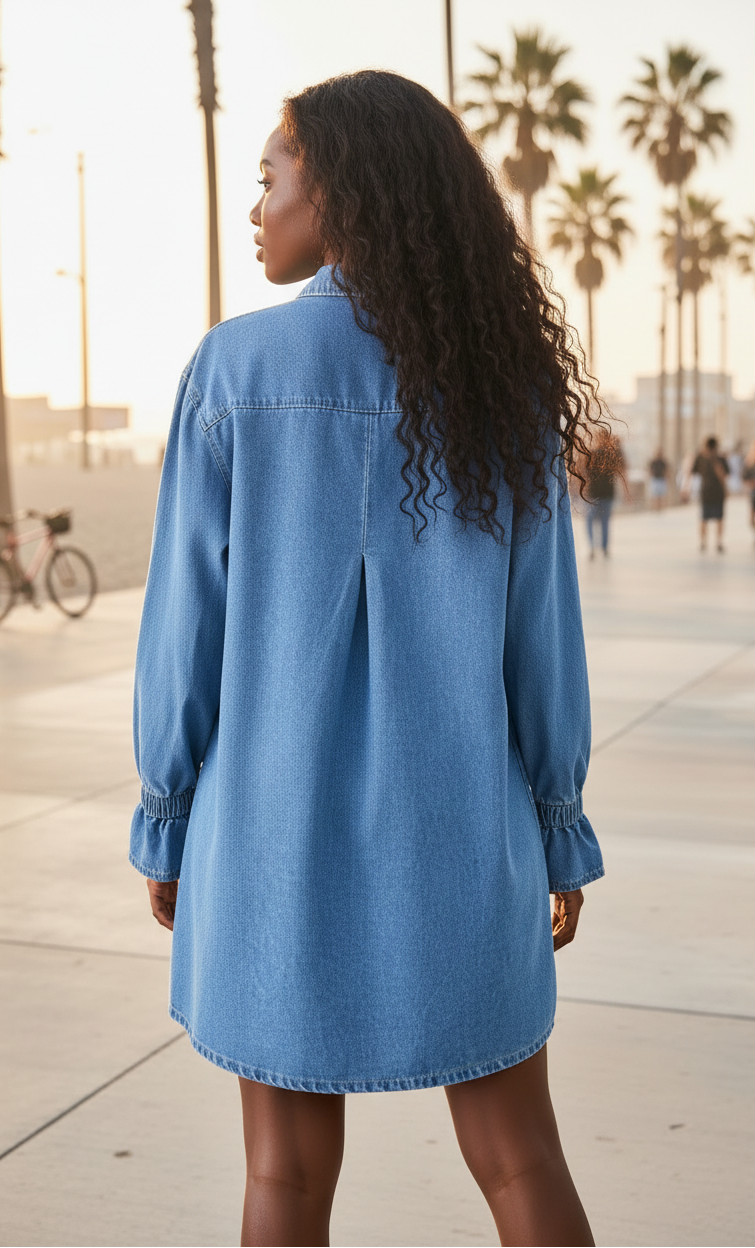     Buttoned mini denim shirt dress in blue - back view