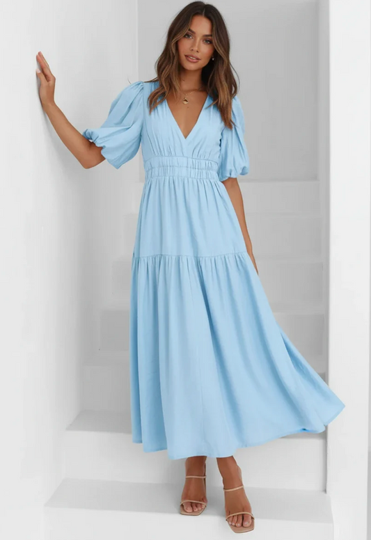 Flowy Puff Sleeve Midi Dress in Light Blue - Front View