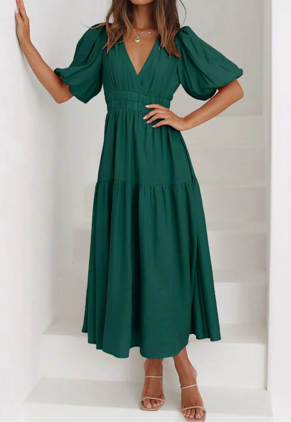 Flowy Puff Sleeve Midi Dress in Dark Green - Front View