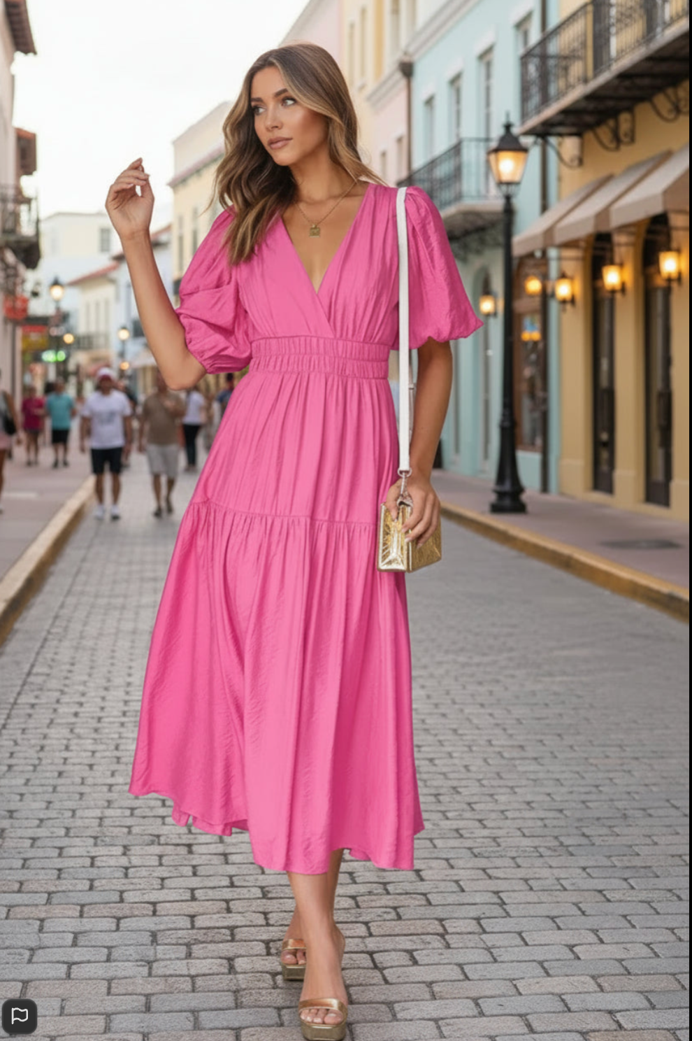Flowy Puff Sleeve Midi Dress in Fuchsia Pink - Front View
