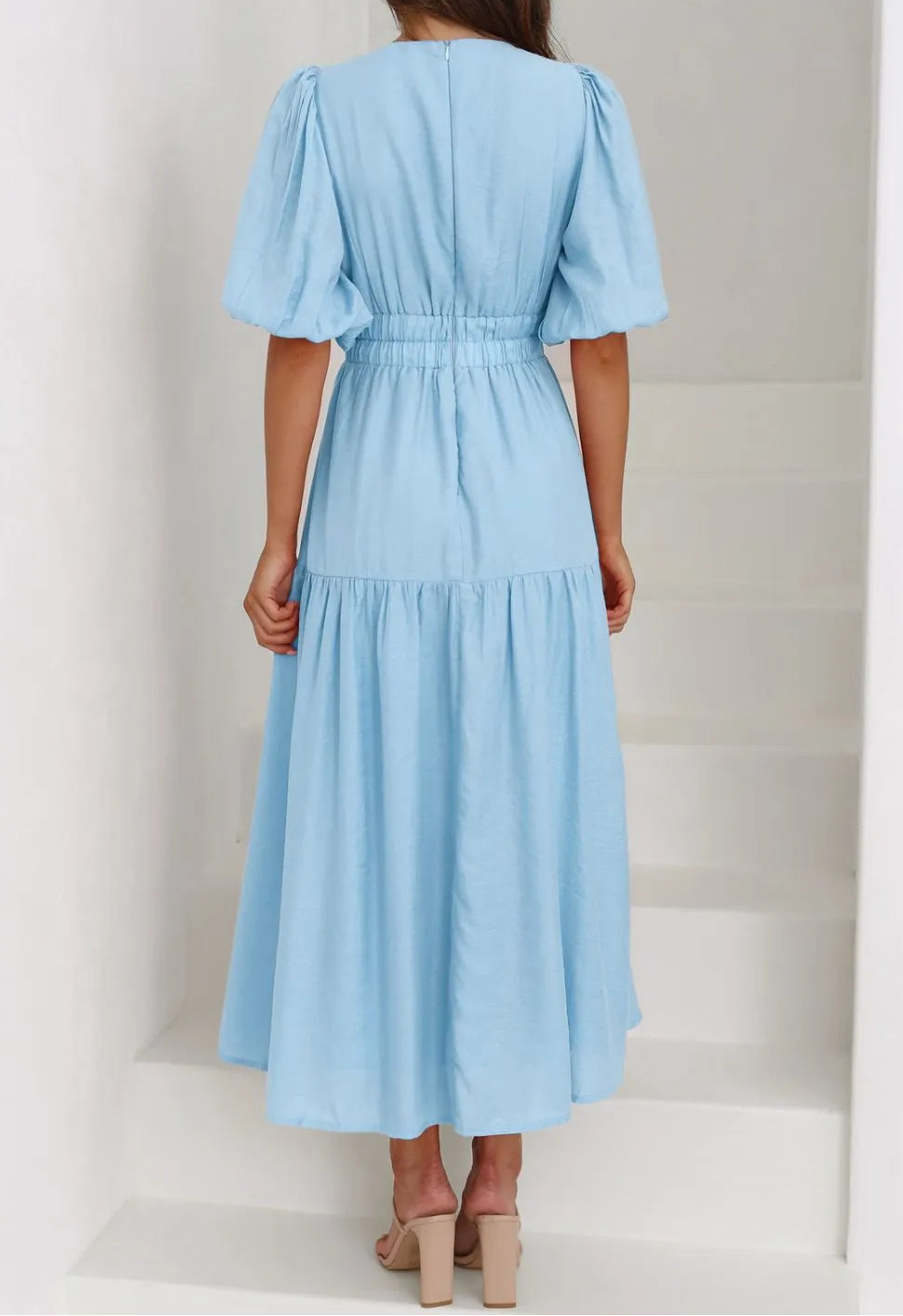Flowy Puff Sleeve Midi Dress in Light Blue - Back View