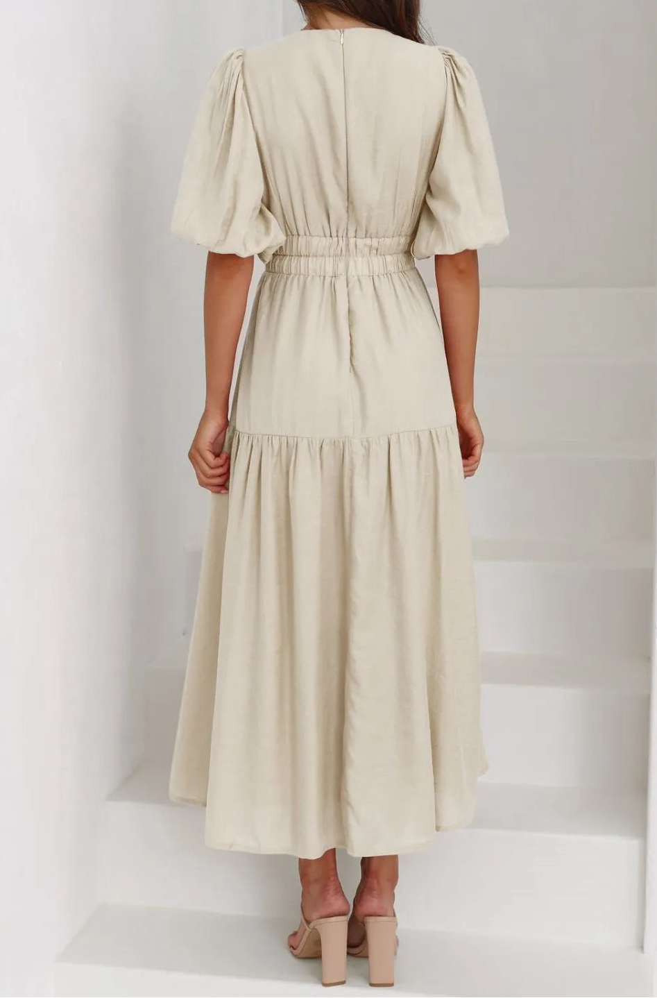 Flowy Puff Sleeve Midi Dress in Beige - Back View