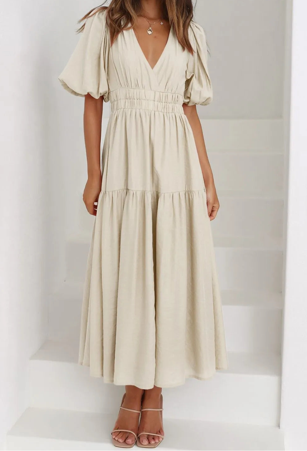 Flowy Puff Sleeve Midi Dress in Beige - Front View