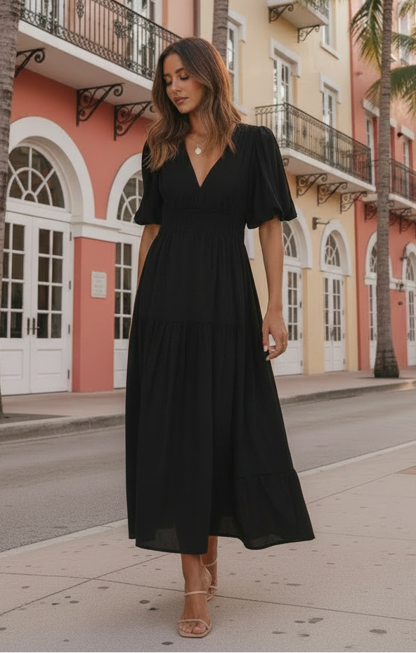 Flowy Puff Sleeve Midi Dress in Black - Front View