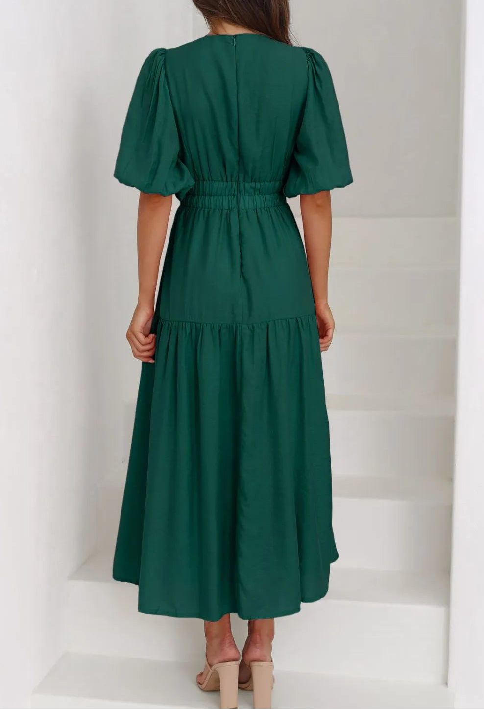 Flowy Puff Sleeve Midi Dress in Dark Green - Back View