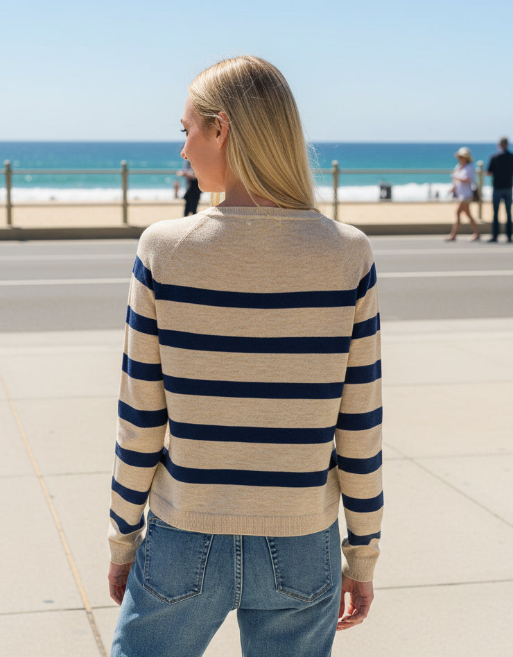 Lightweight striped round neck sweater in cream and navy - back view