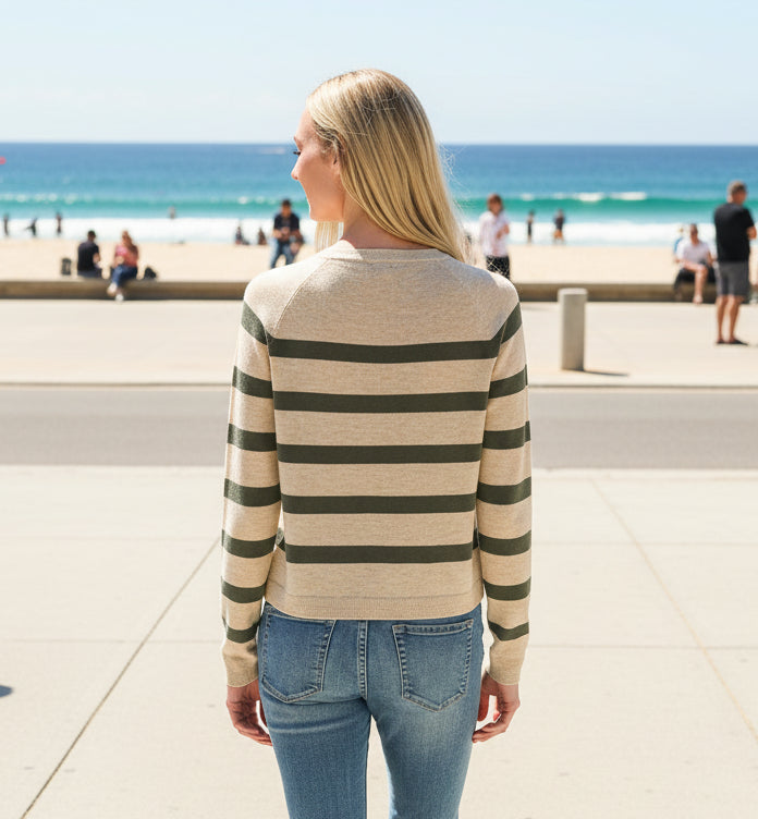 Lightweight striped round neck sweater in cream and olive - back view