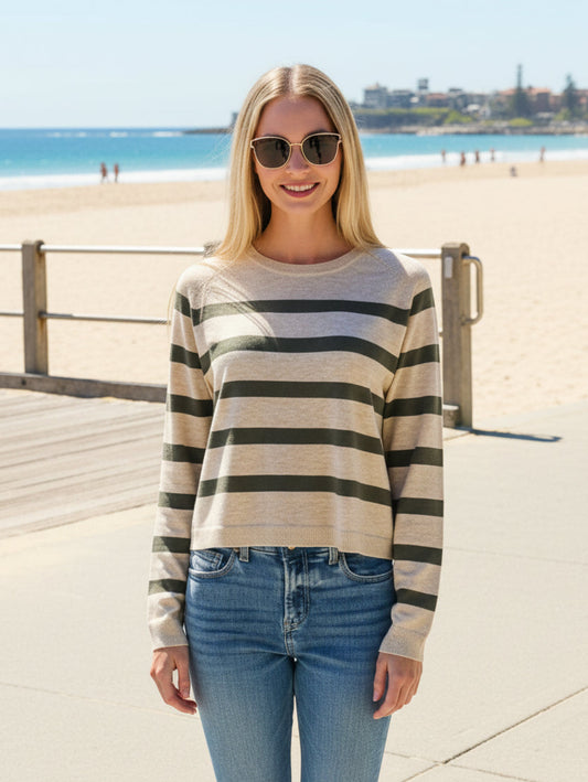 Lightweight wool blend striped sweater in cream and olive - front view