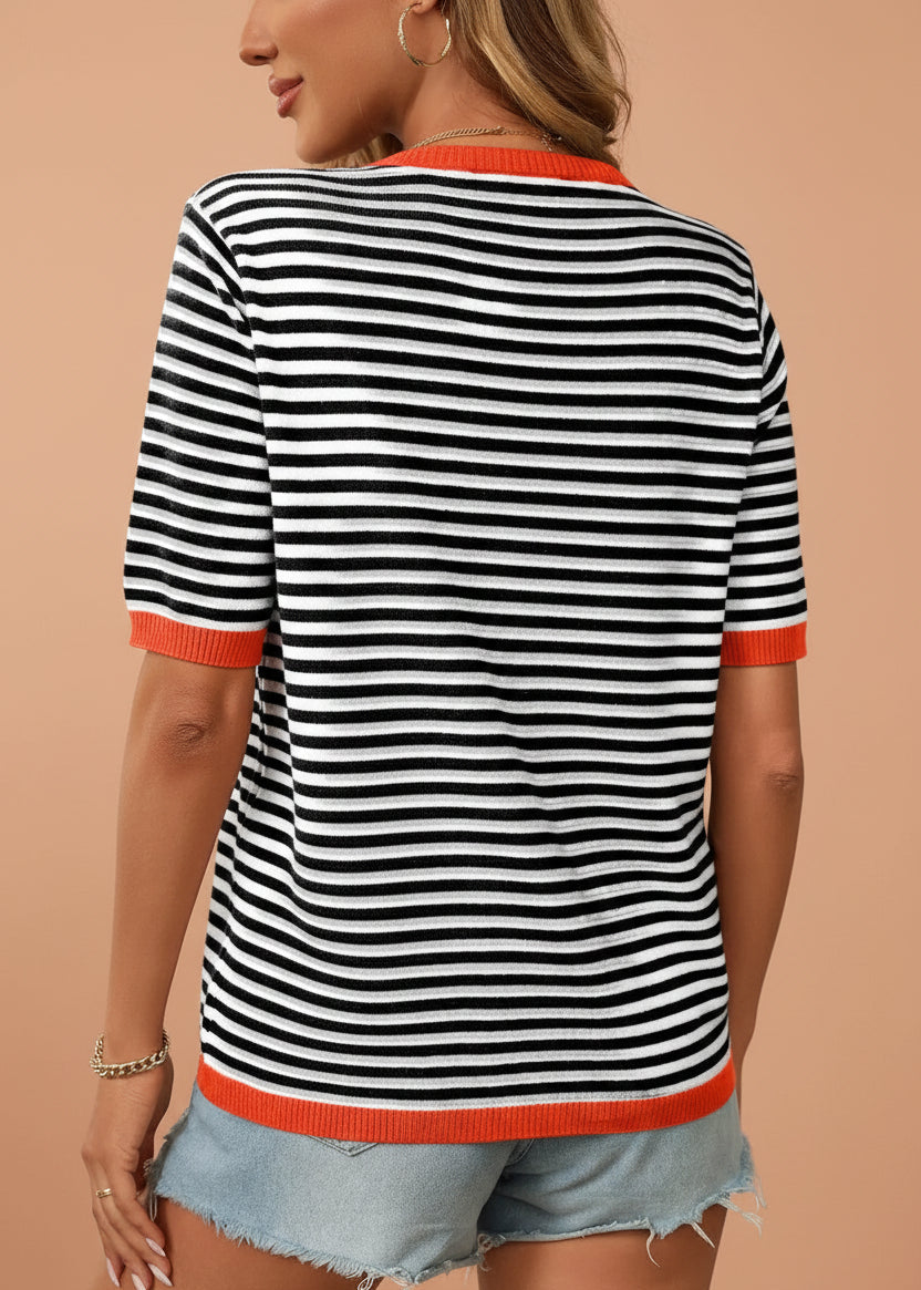Striped half sleeve knit top in black and white stripes - back view