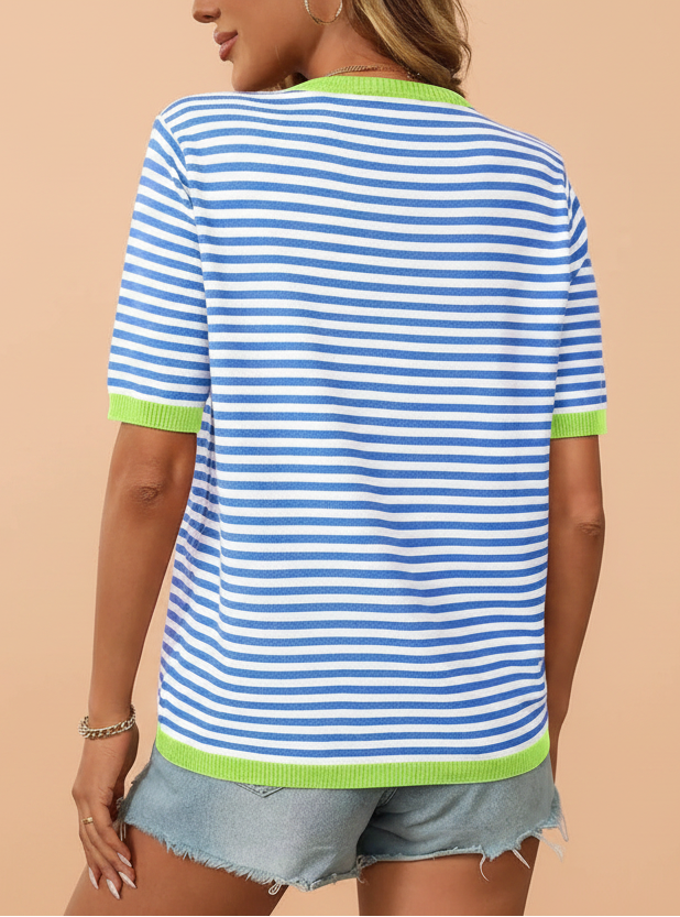 Striped half sleeve knit top in blue and white stripes - back view