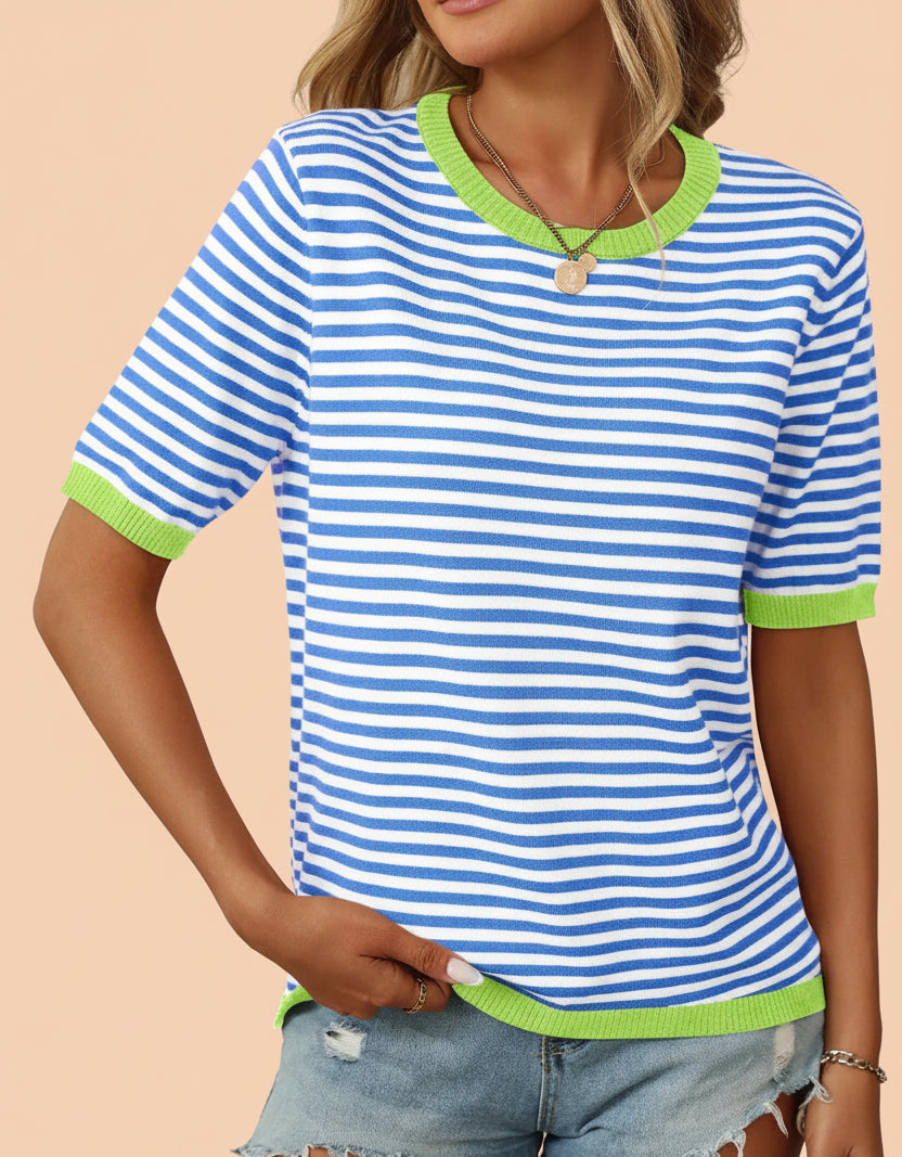 Striped half sleeve knit top in blue and white stripes - front view