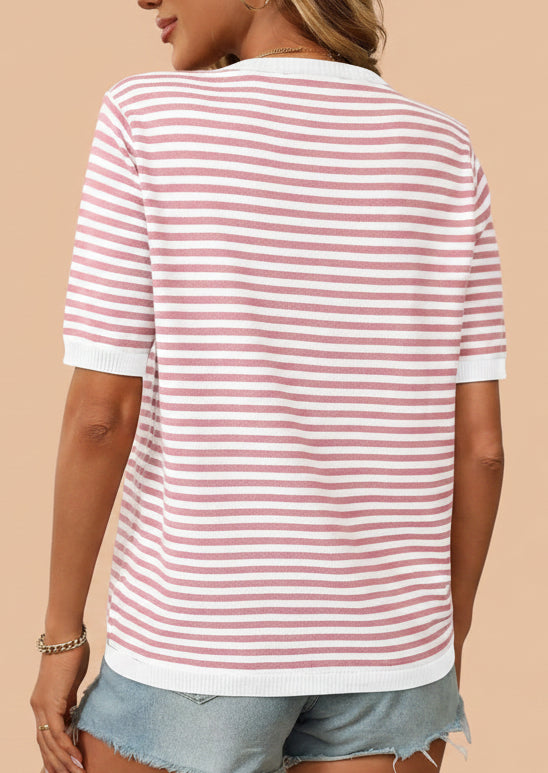 Striped half sleeve knit top in pink and white stripes - back view