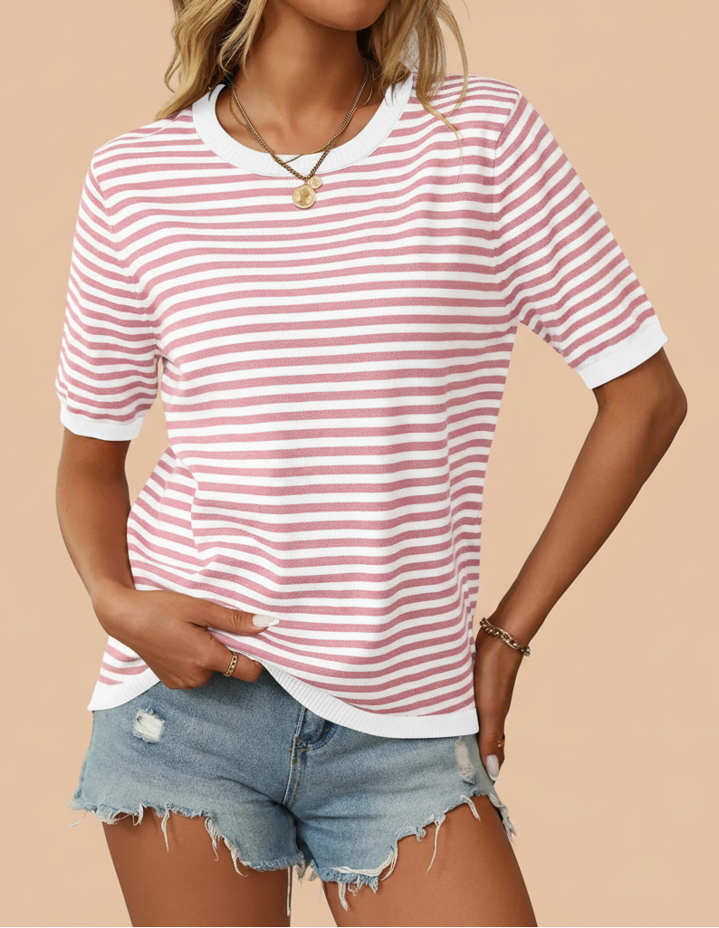 Striped half sleeve knit top in pink and white stripes - front view