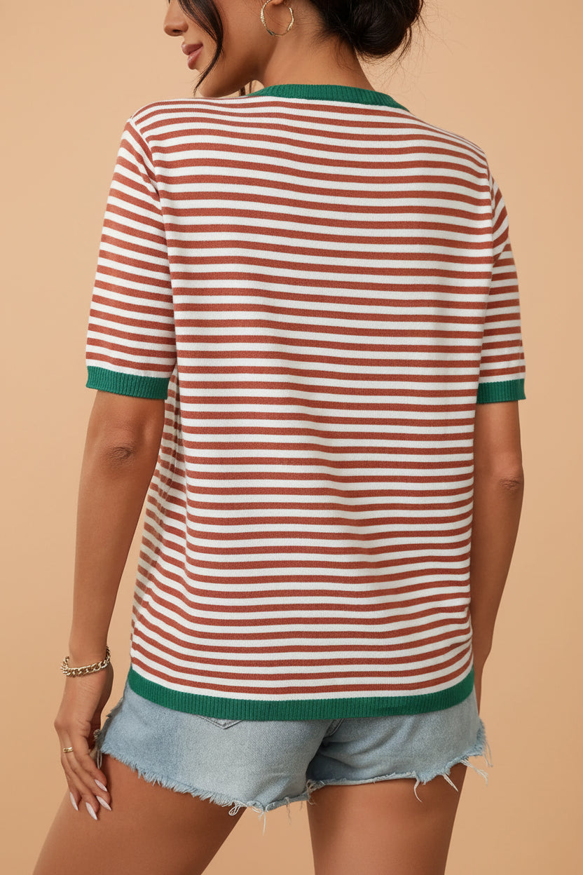 Striped half sleeve knit top in red and white stripes - back view