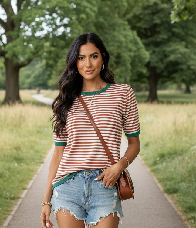 Striped half sleeve knit top in red and white stripes - front view