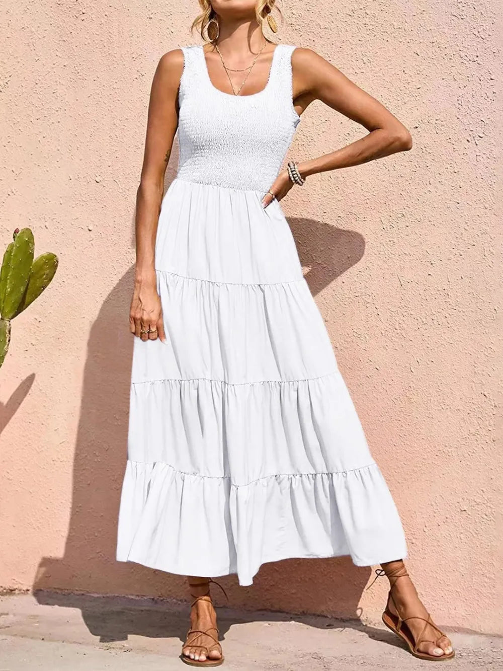 Tiered Smocked Wide Strap Dress - White - Front view